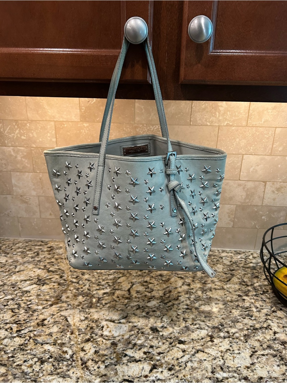 Jimmy Choo Sasha Gray Leather Star Studded Tote Bag